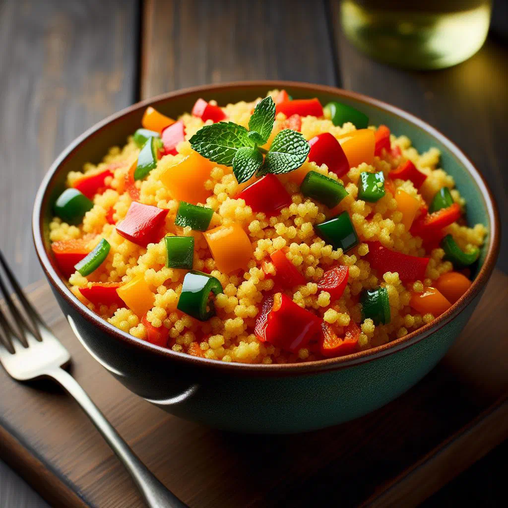 Bowl of spiced jollof couscous with peppers, tomatoes and fresh parsley