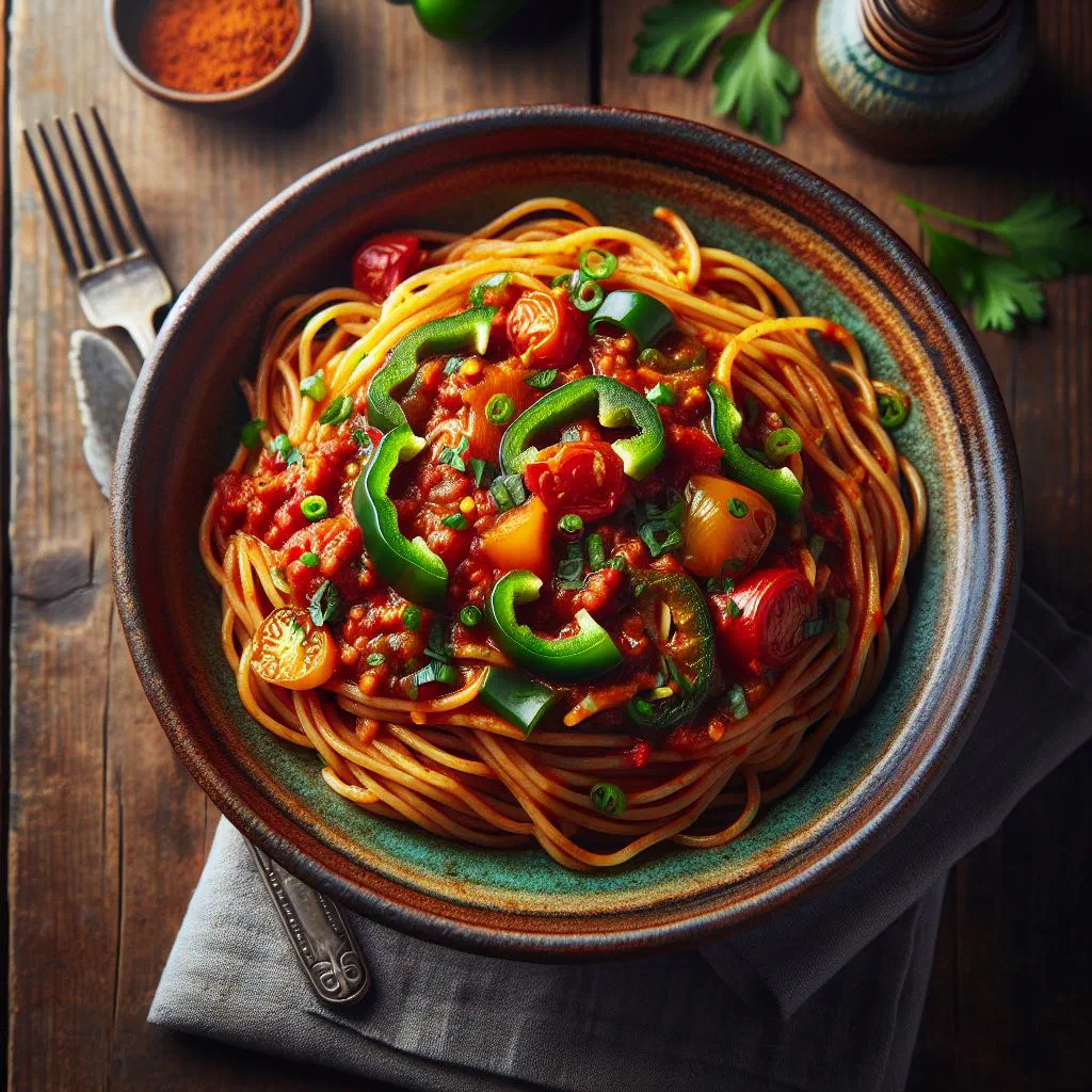 Plate of jollof spaghetti in a spiced tomato sauce with fresh herbs