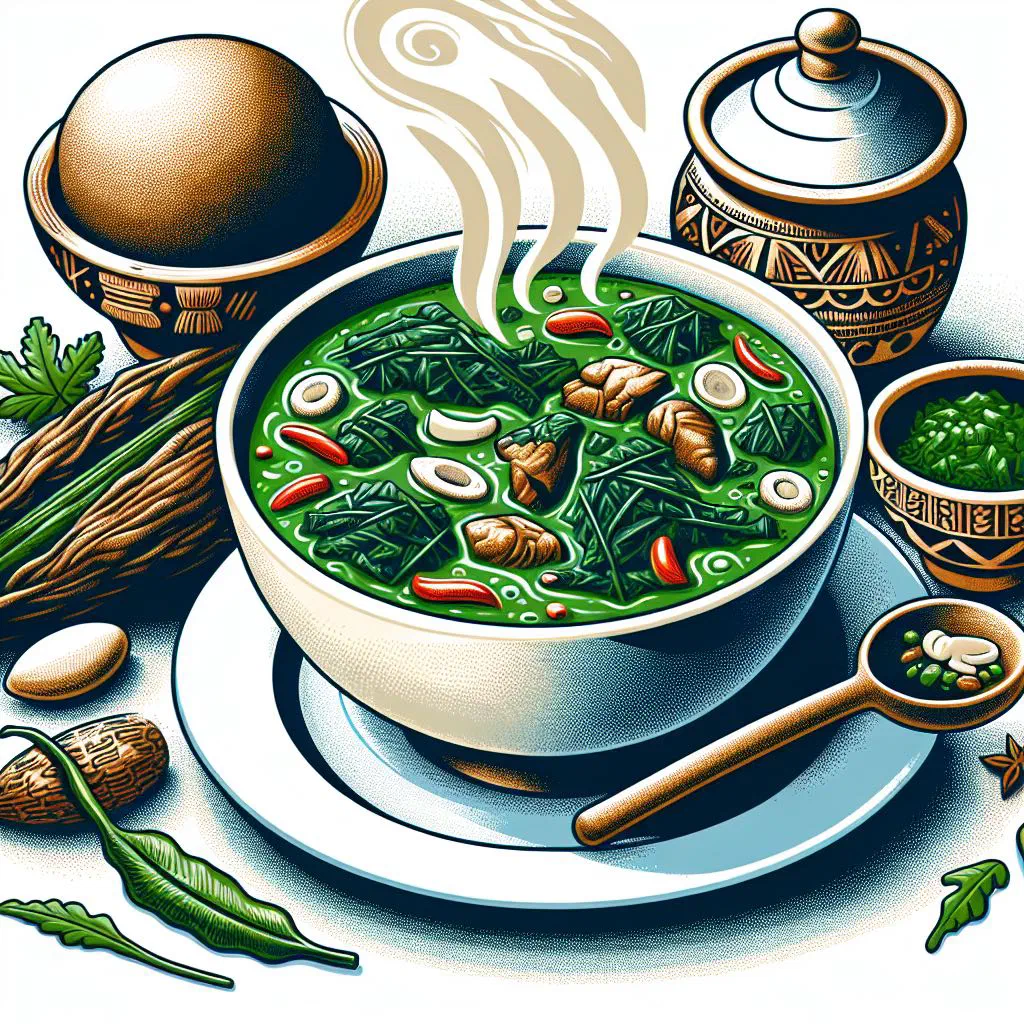 A bowl of Nigerian jute leaf soup with tender greens and meat