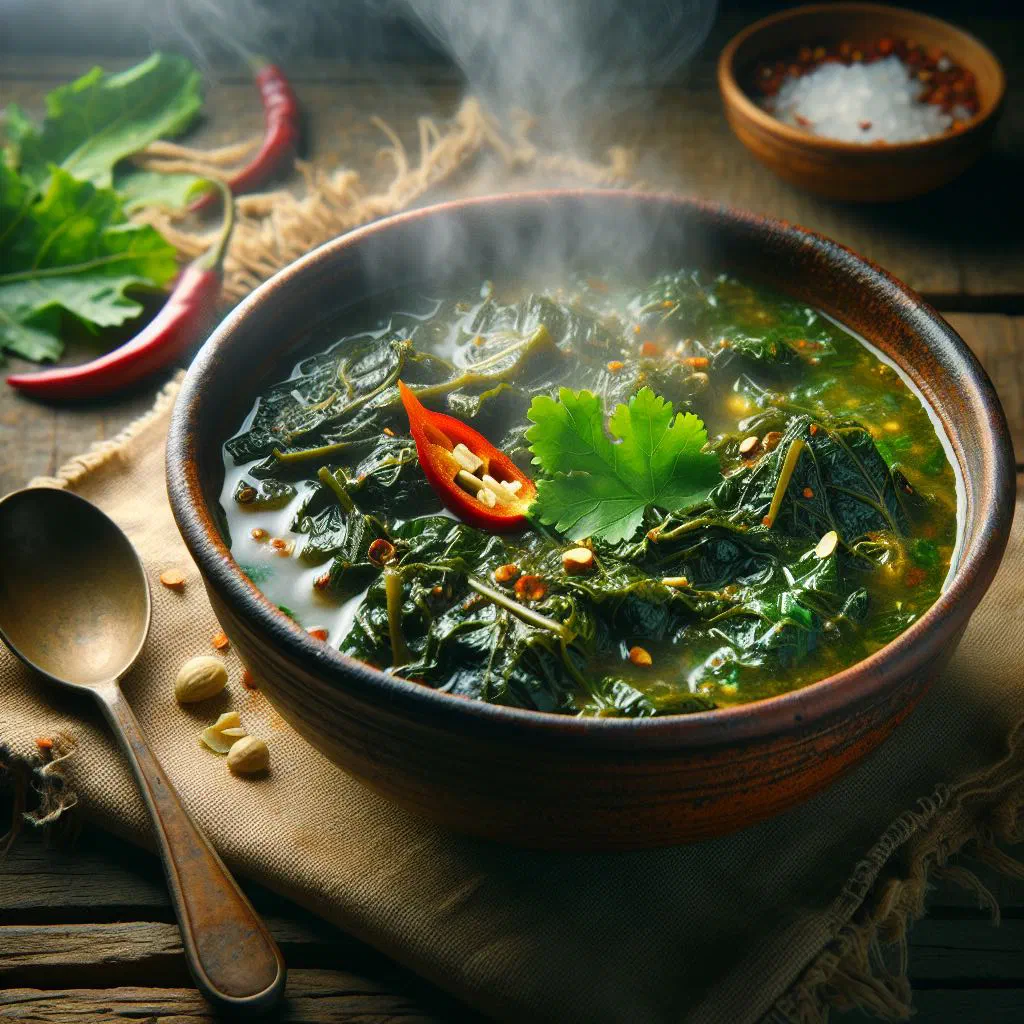 Bowl of Nigerian jute leaf stew garnished with fresh herbs