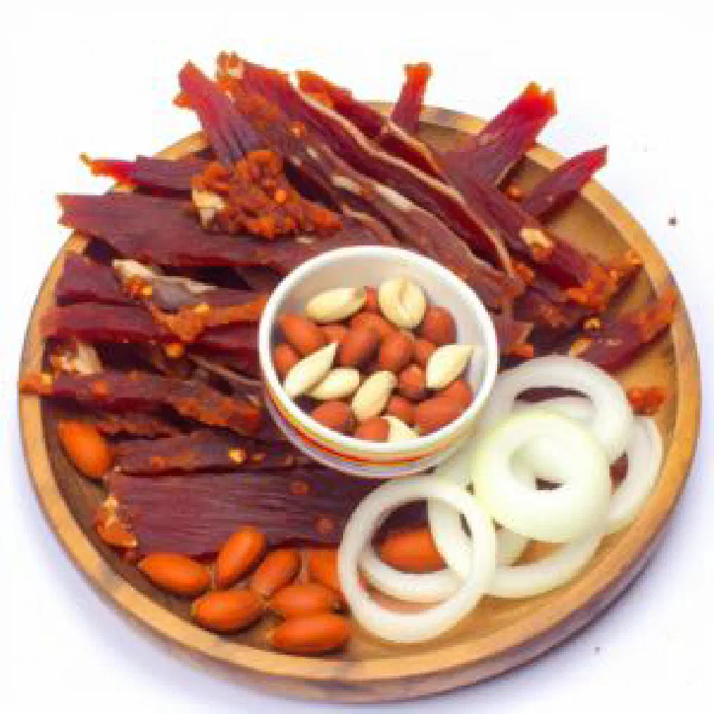 Thin strips of spiced Nigerian dried beef known as kilishi