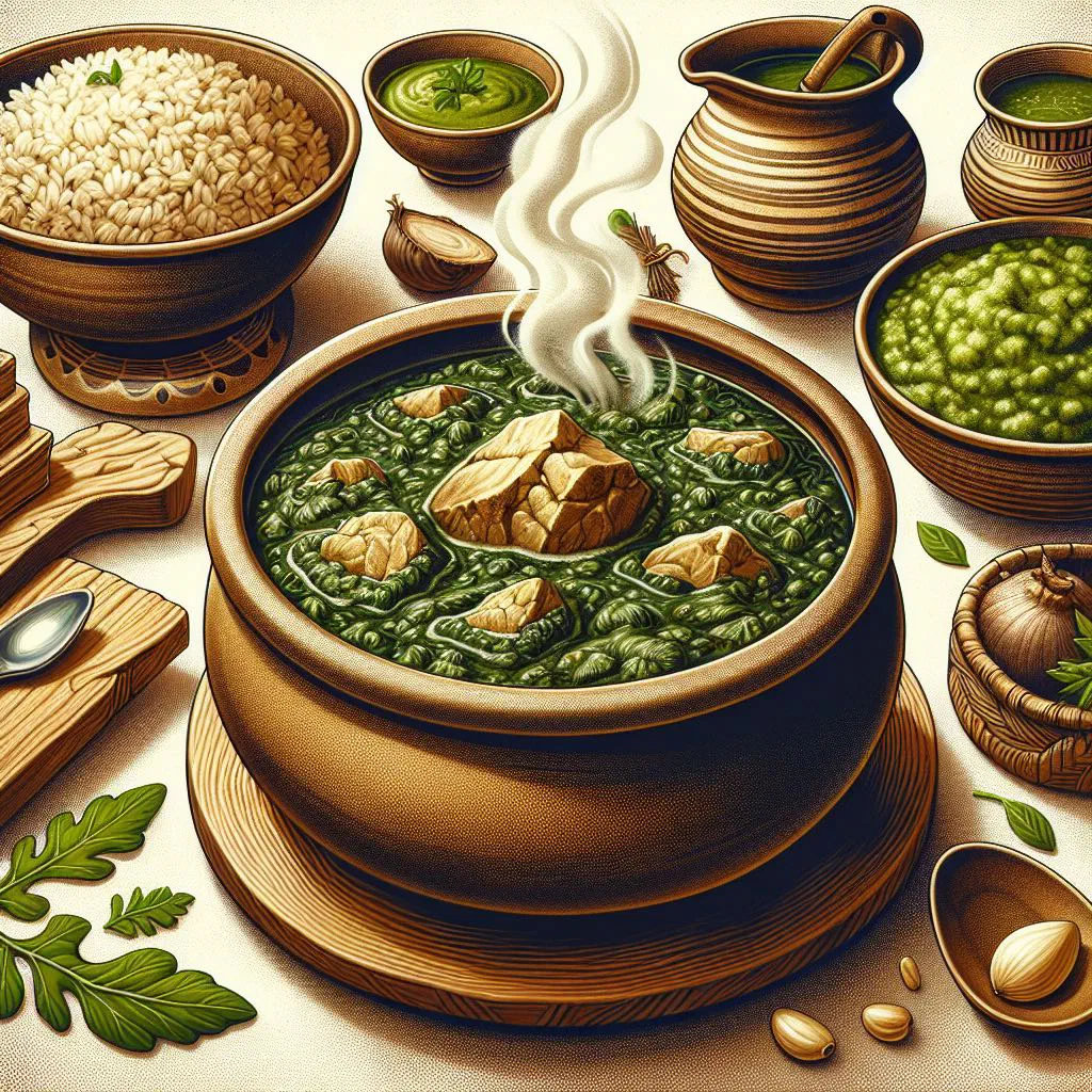 Bowl of dark green Miyan Kuka baobab leaf soup served with rice