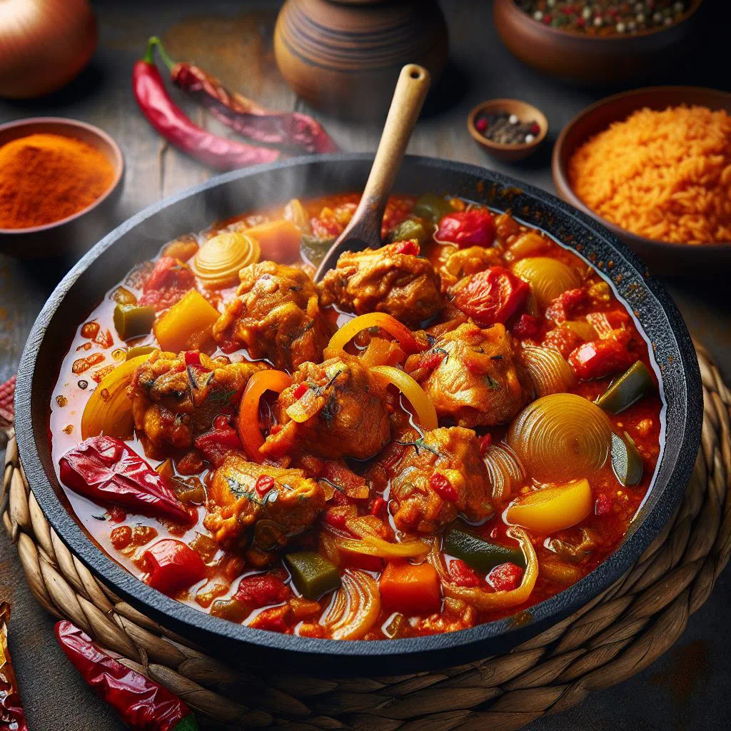 Nigerian chicken stew in a rich red tomato and pepper sauce, garnished with herbs