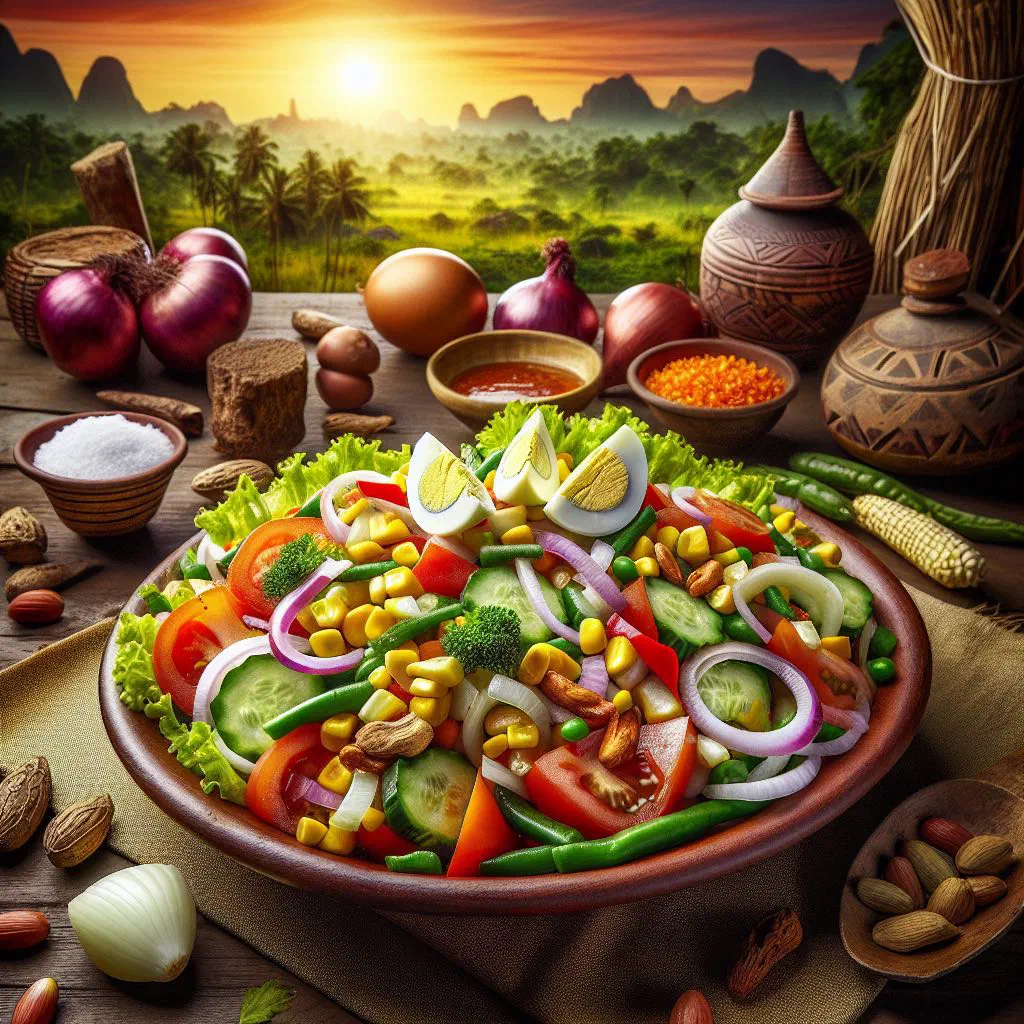 Colourful Nigerian salad with tomato, cucumber, carrot, avocado and egg