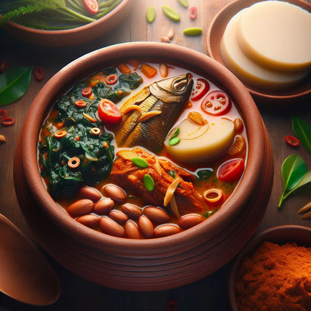 Bowl of Ogbono soup with meat and leafy greens in a rich palm-oil broth