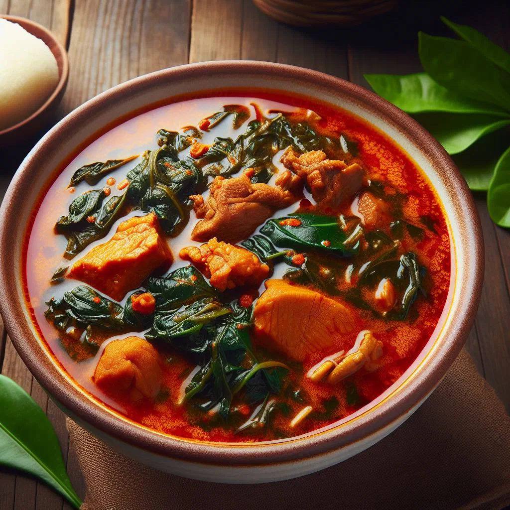 A rich Nigerian oha soup with tender meat in a traditional bowl