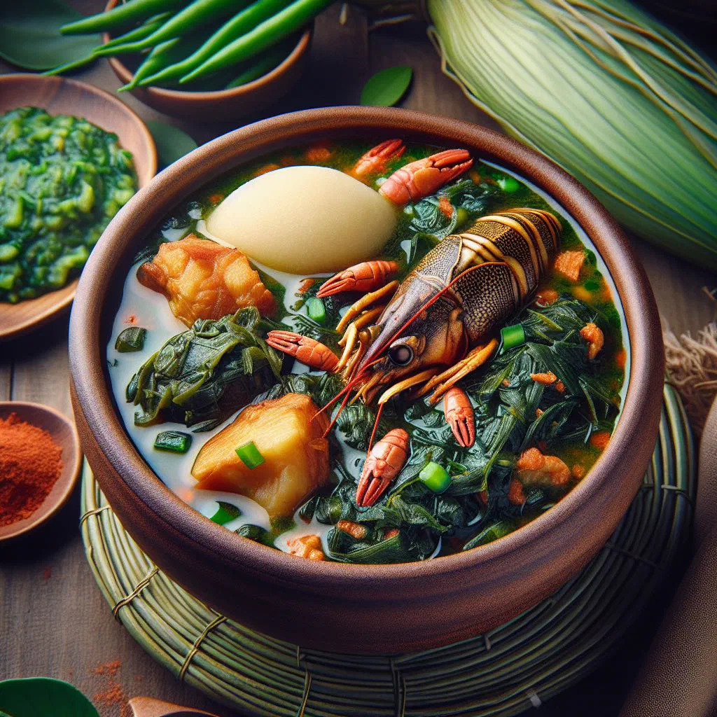 A bowl of rich Nigerian okazi soup with meat, fish and palm oil