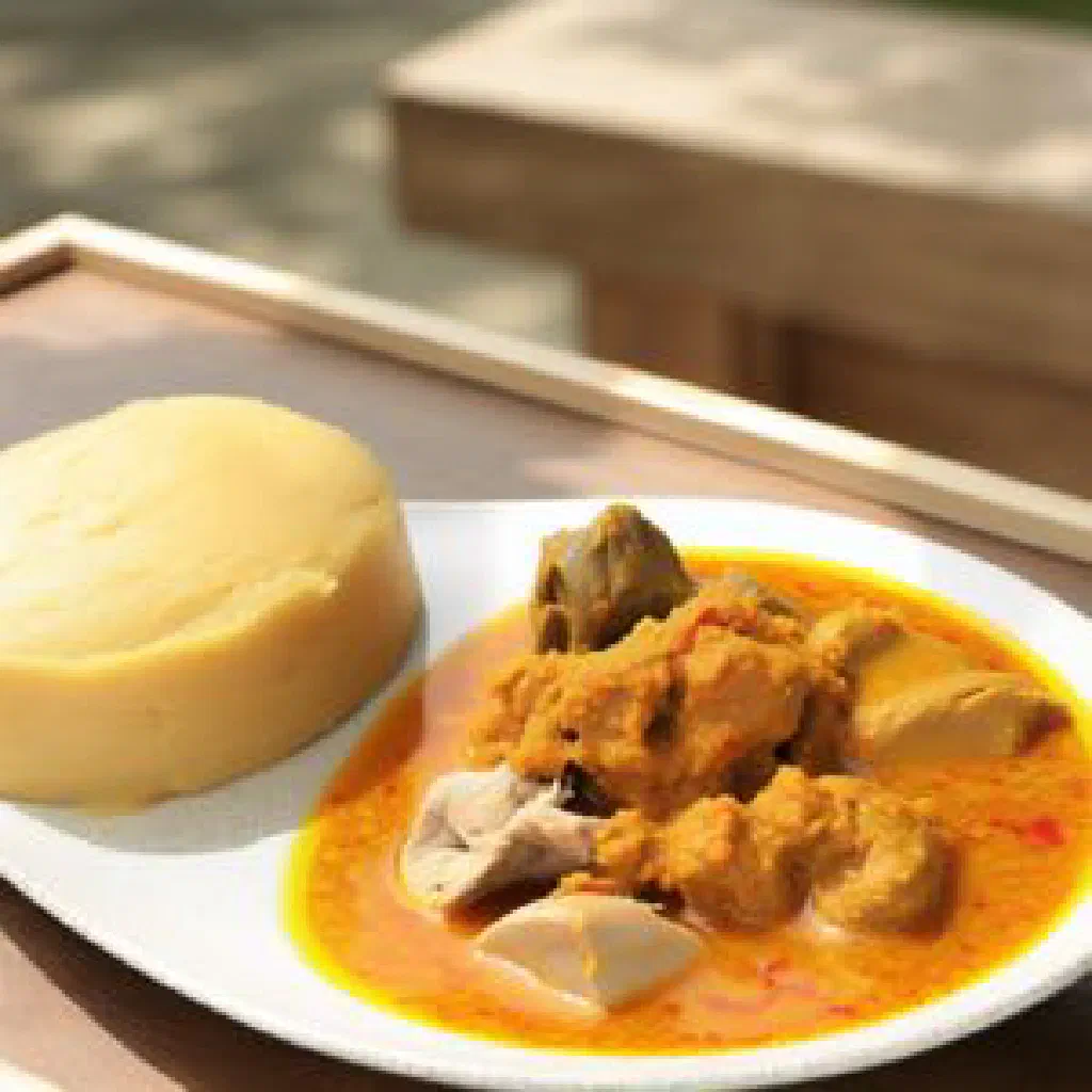 A bowl of rich Owo sauce served with smooth, elastic starch