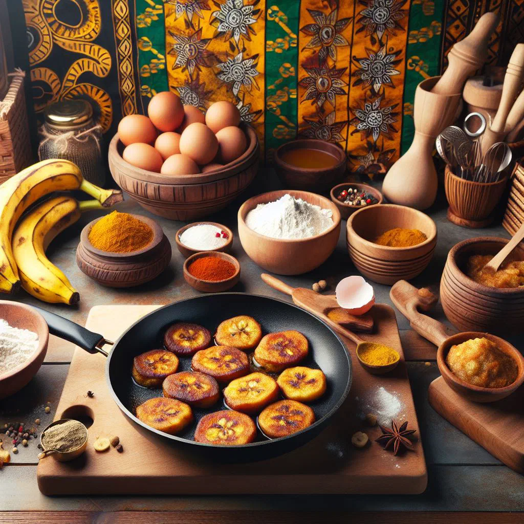 Golden fried plantain fritters piled on a plate
