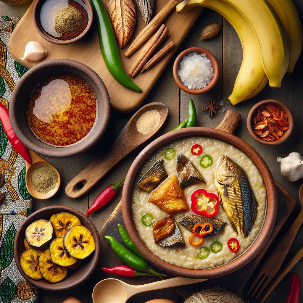Bowl of Nigerian plantain porridge with vegetables and spices