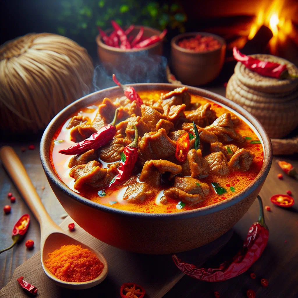 A steaming bowl of Nigerian shaki pepper soup with tender tripe in a spicy broth