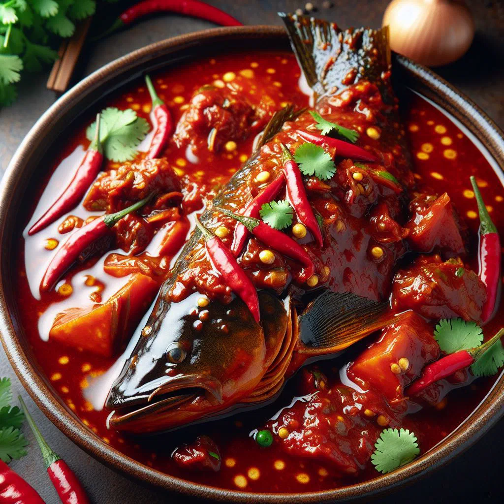 Rich red spicy catfish sauce simmered with tomatoes and chilli