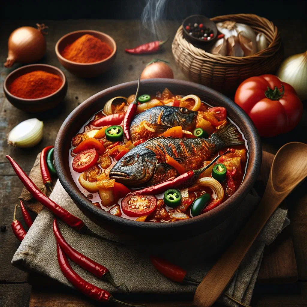 Spicy Nigerian fish stew in a rich red tomato sauce garnished with coriander