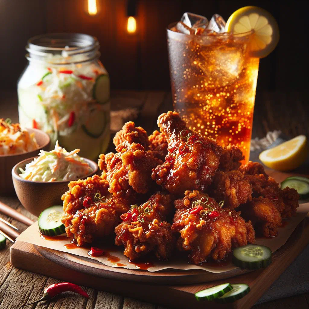 Golden, crispy spicy fried chicken pieces with lemon wedges