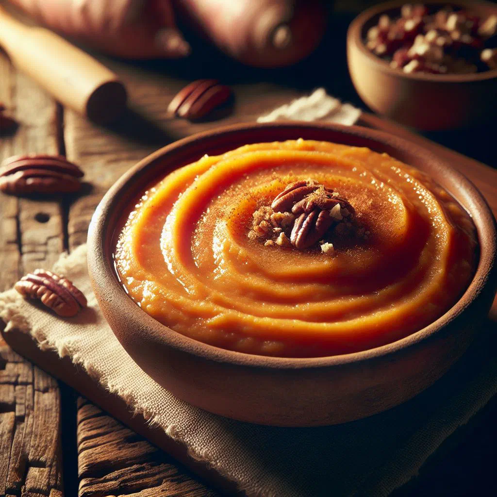 Baked sweet potato pudding topped with chopped nuts in a dish