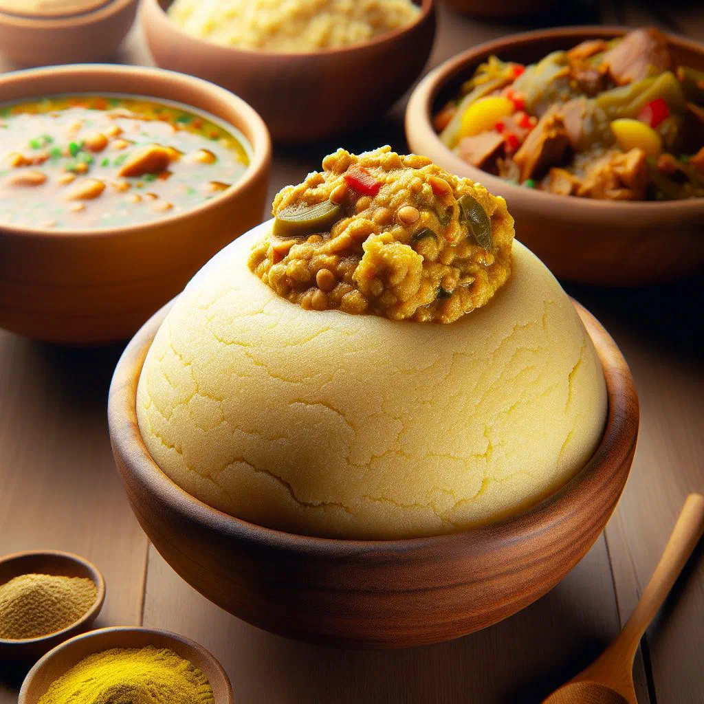 Smooth white corn porridge shaped into a mound, served with a spicy sauce