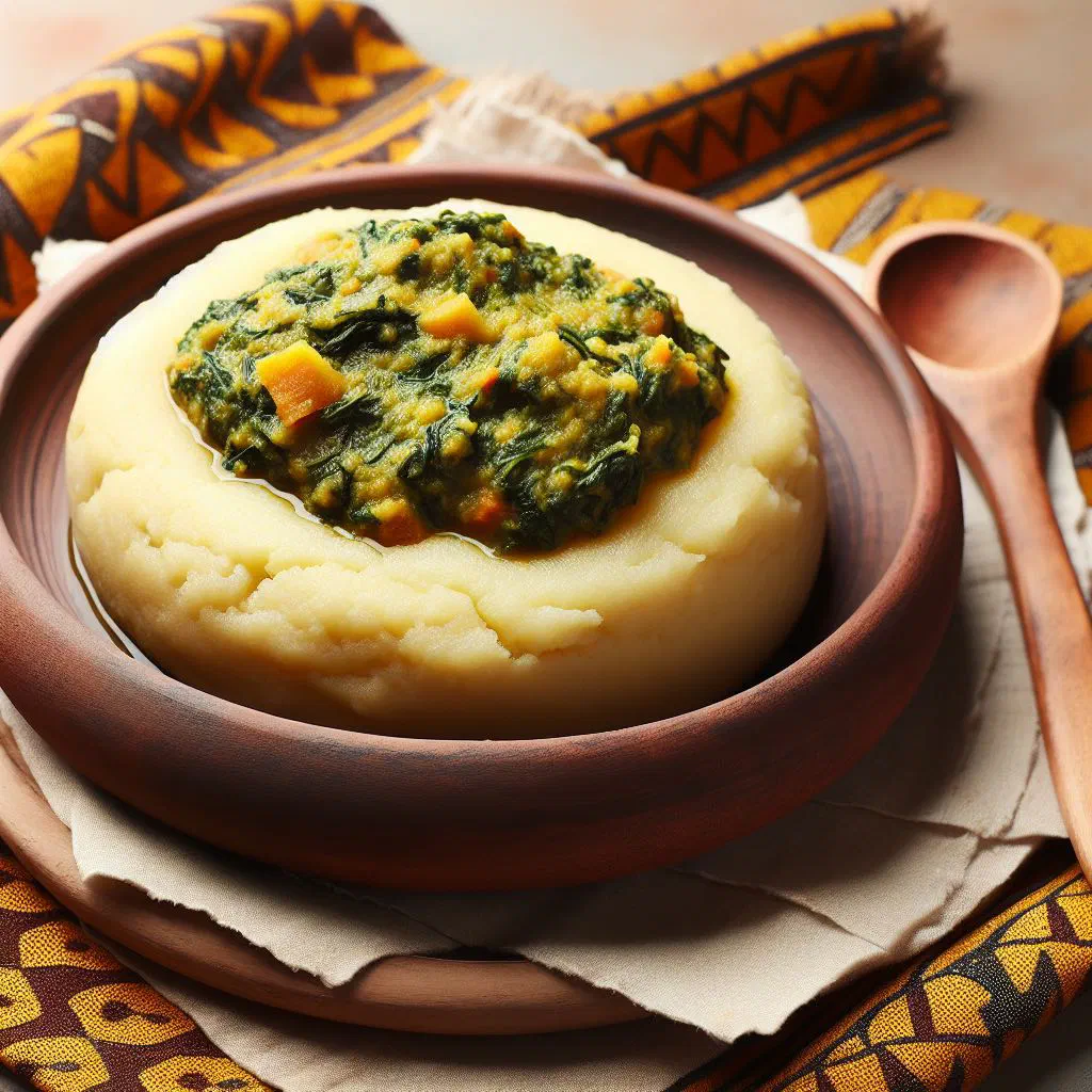 Smooth vegetable fufu served on a plate with leafy greens