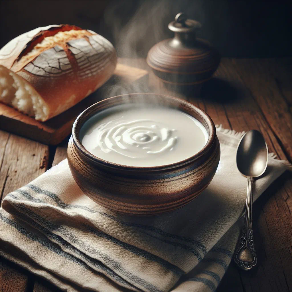 A bowl of creamy Nigerian white soup garnished with fresh herbs