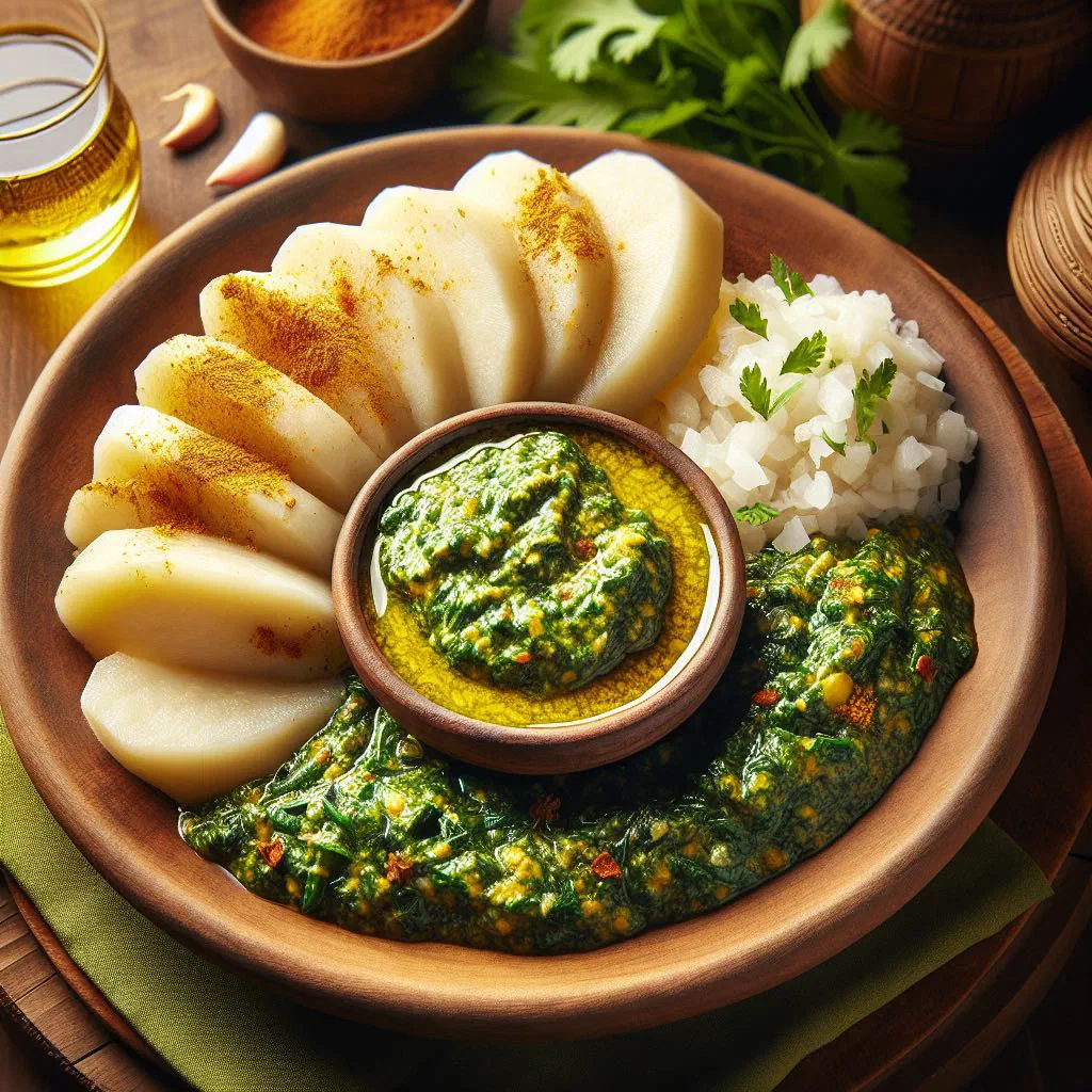 Boiled yam pieces served with a rich egusi sauce made from melon seeds