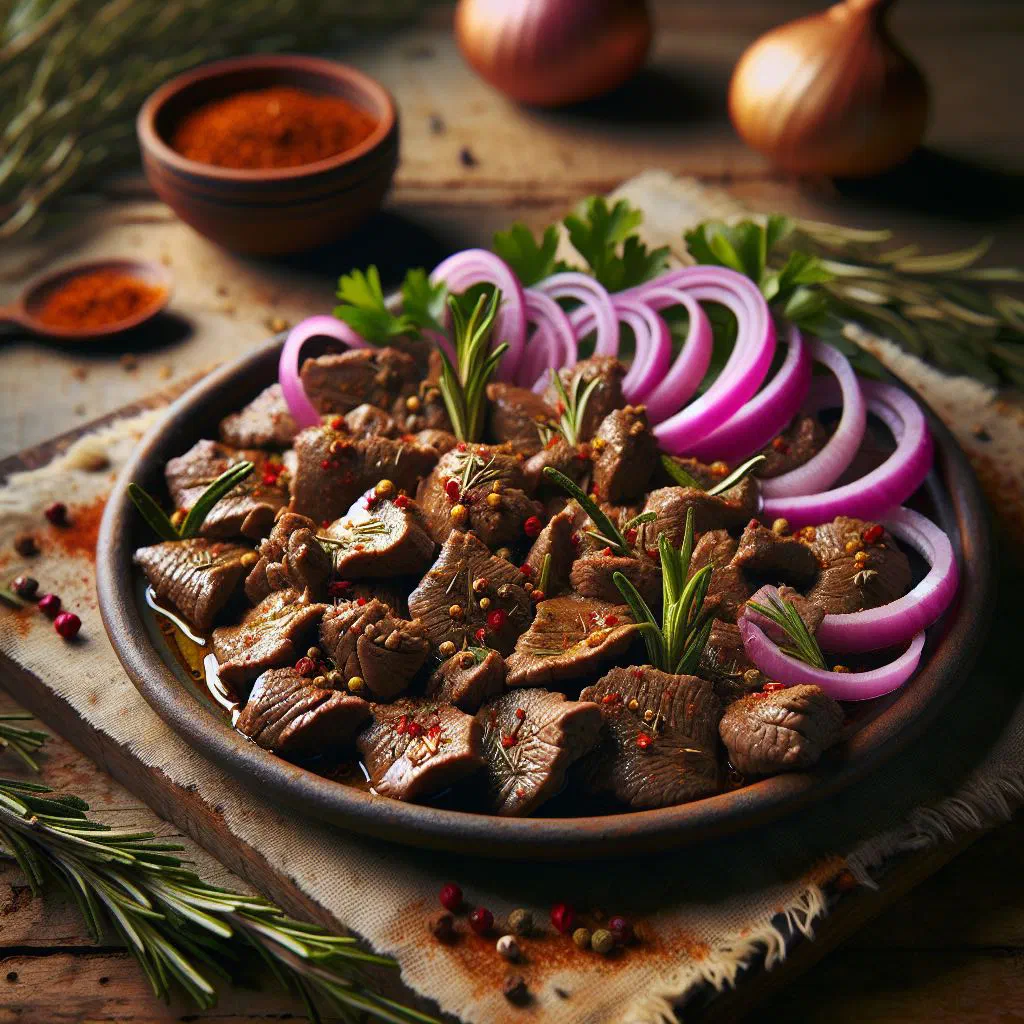 Crispy fried liver pieces garnished with onion rings and parsley