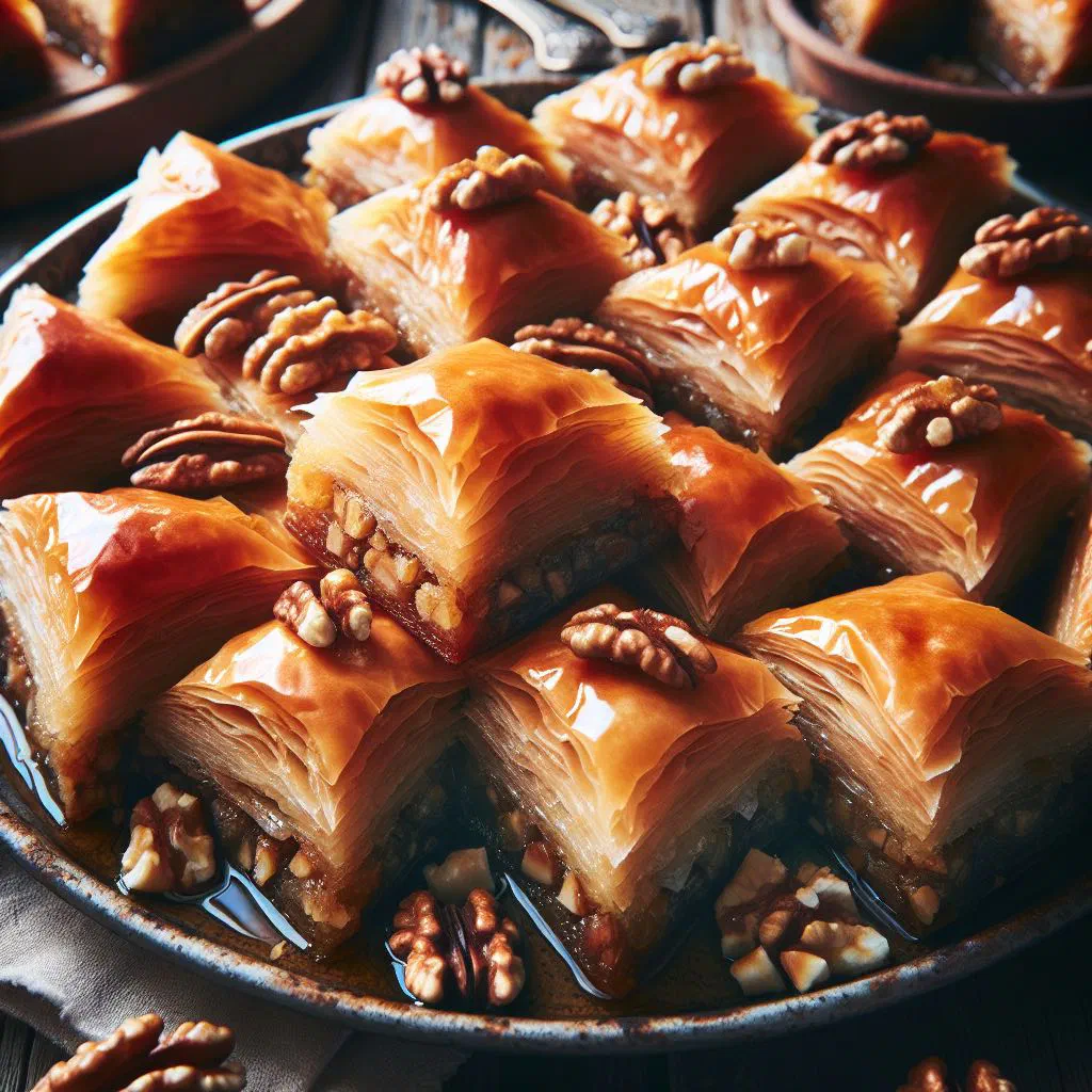 Diamond-cut baklava layered with nuts and glazed with sugar syrup