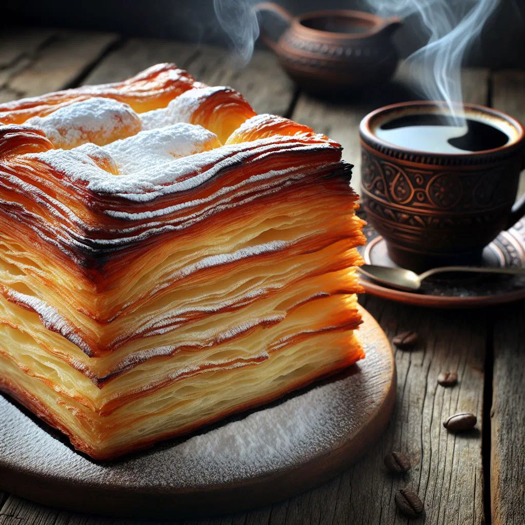 Golden baked banica pastry filled with cheese, cut into portions