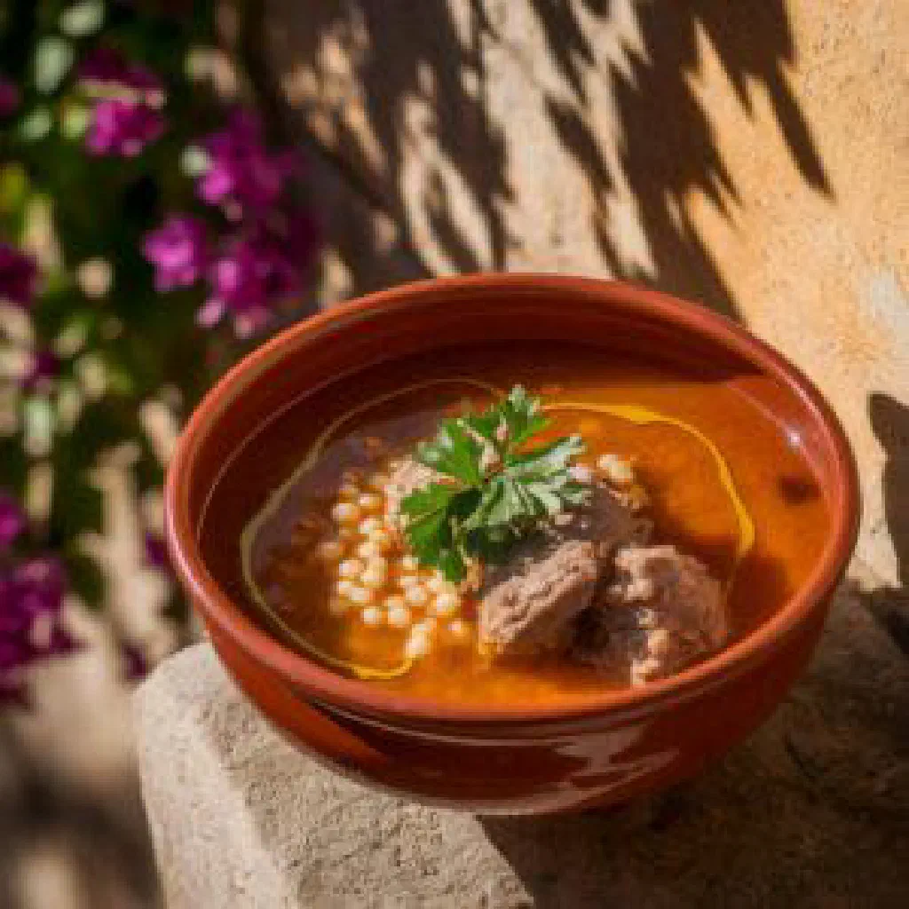A bowl of Bob Chorba vegetable soup garnished with fresh herbs
