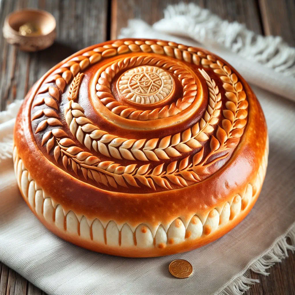 Round golden Česnica festive bread on a wooden board