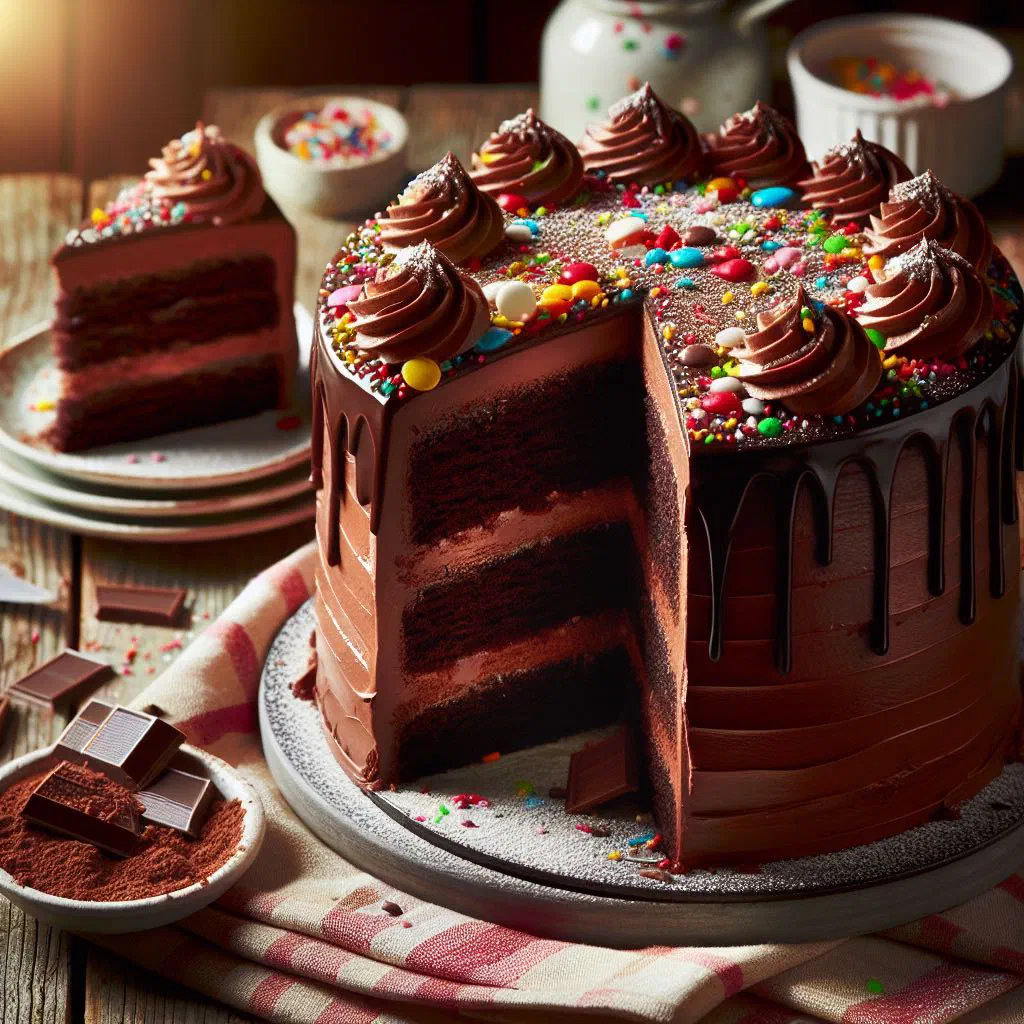 Slice of moist Macedonian chocolate cake dusted with icing sugar