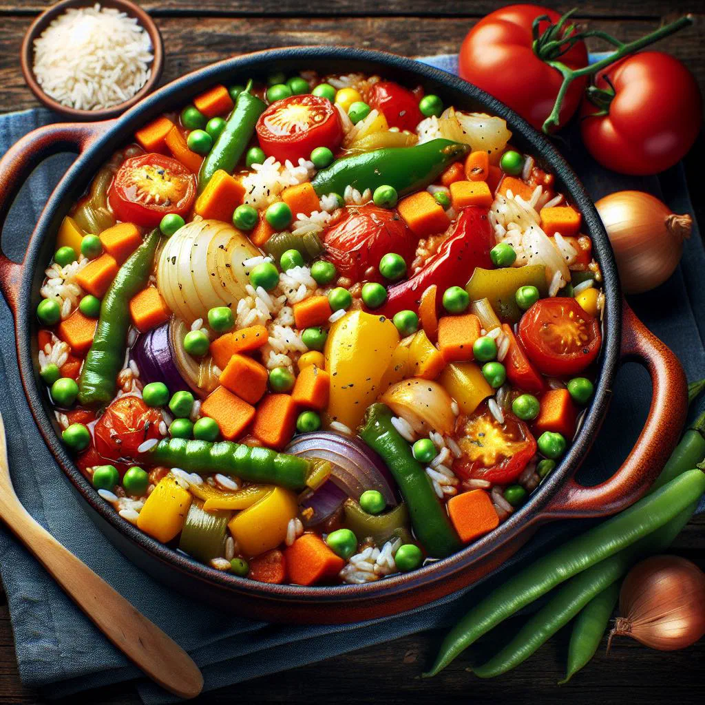 Djuvec with tender meat, peppers and vegetables in a rustic pot