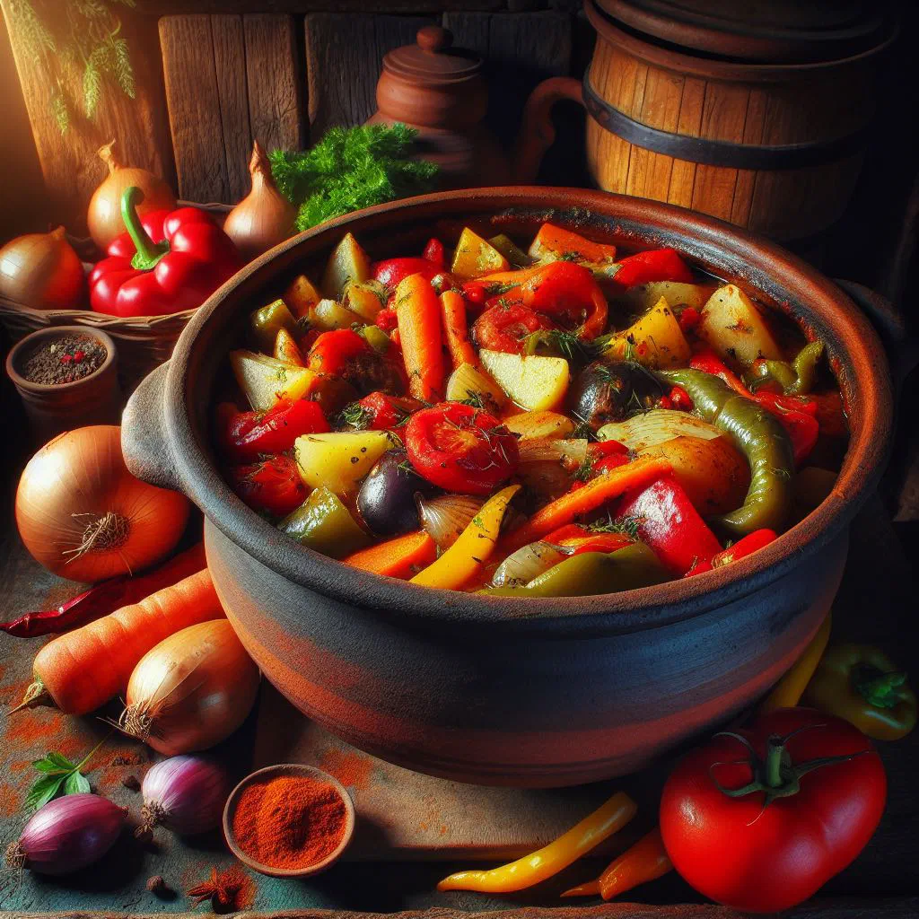 Hearty Macedonian gjuvech stew with tender meat and colourful vegetables