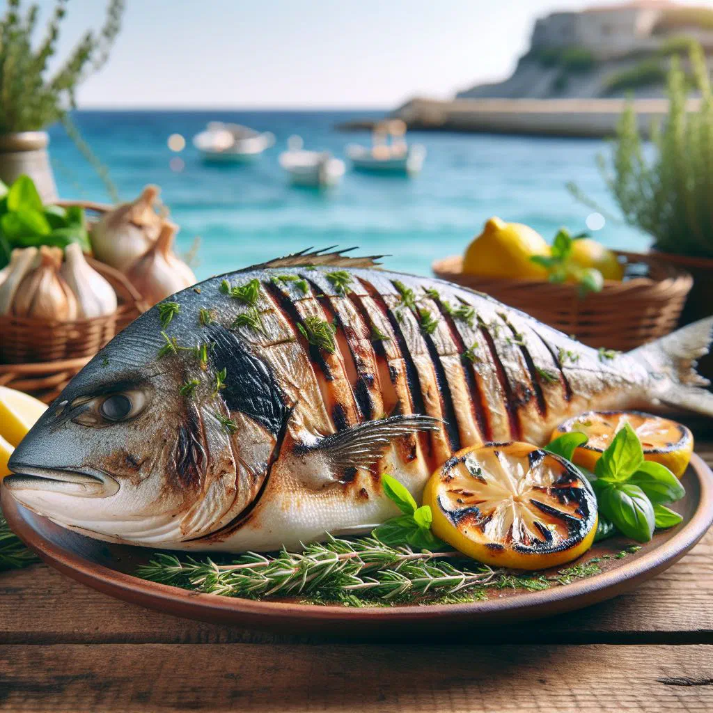 Grilled whole fish with lemon, fresh herbs and charred vegetables
