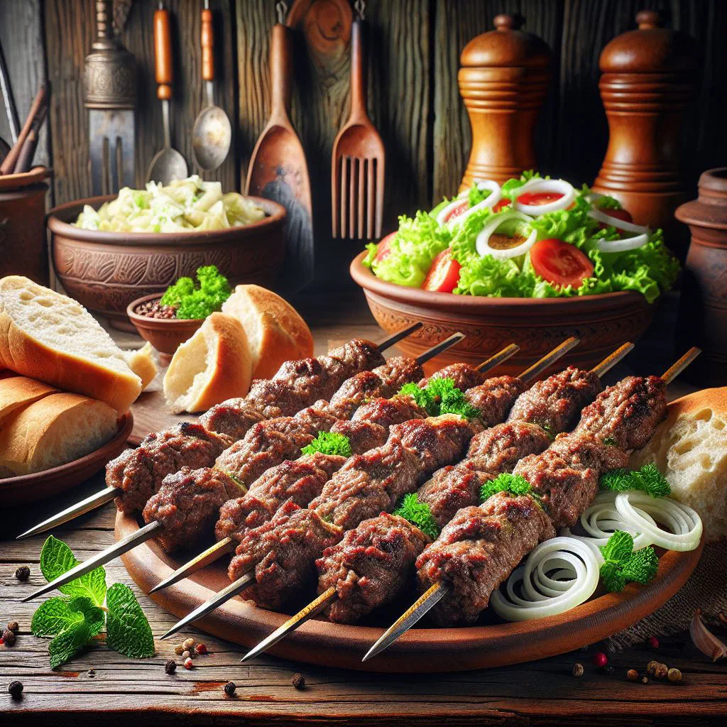 Grilled kebapi minced-meat rolls served with ajvar and chopped onions
