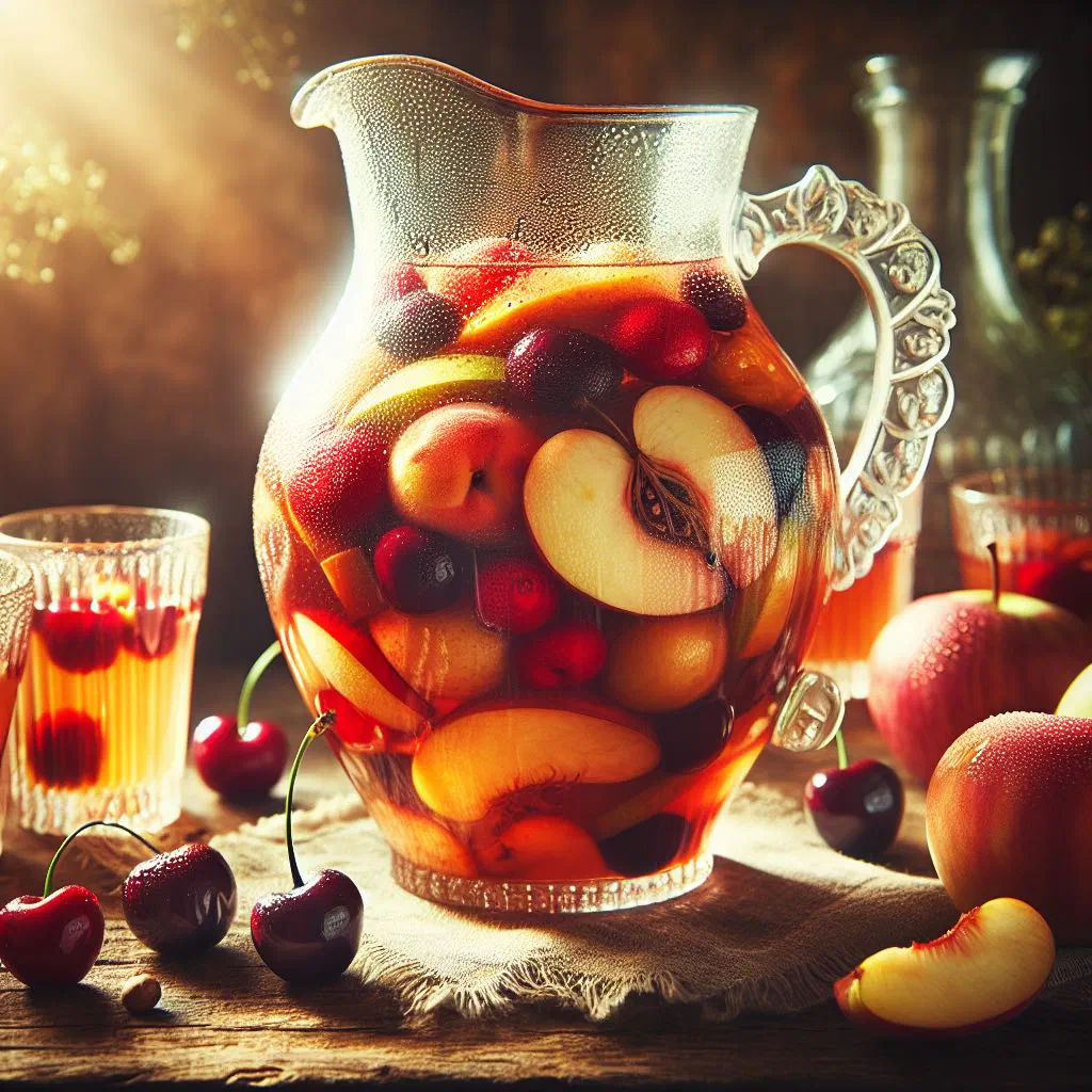 A glass of Macedonian kompot with soft fruit and a cinnamon stick