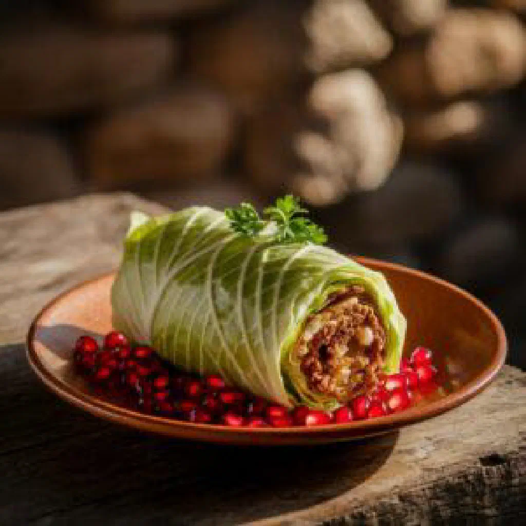 Rolled stuffed vine leaves simmered in a pot and served warm