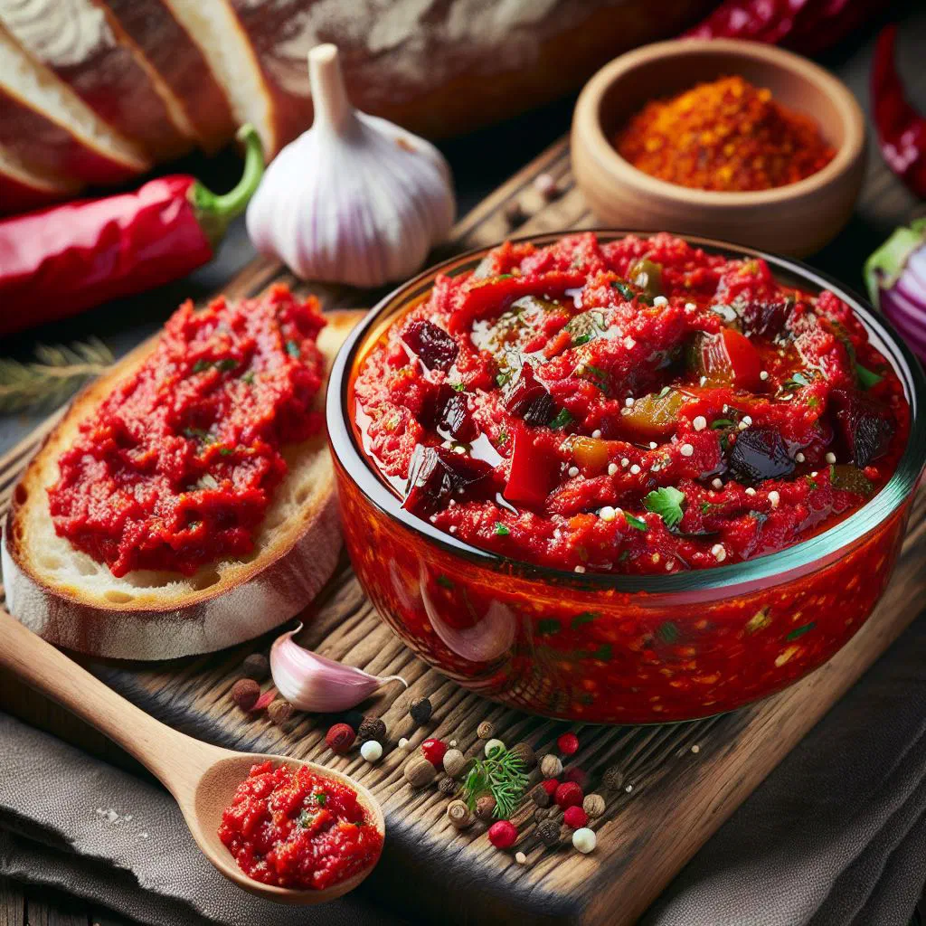 A bowl of deep-red Lutenica pepper and tomato spread with crusty bread