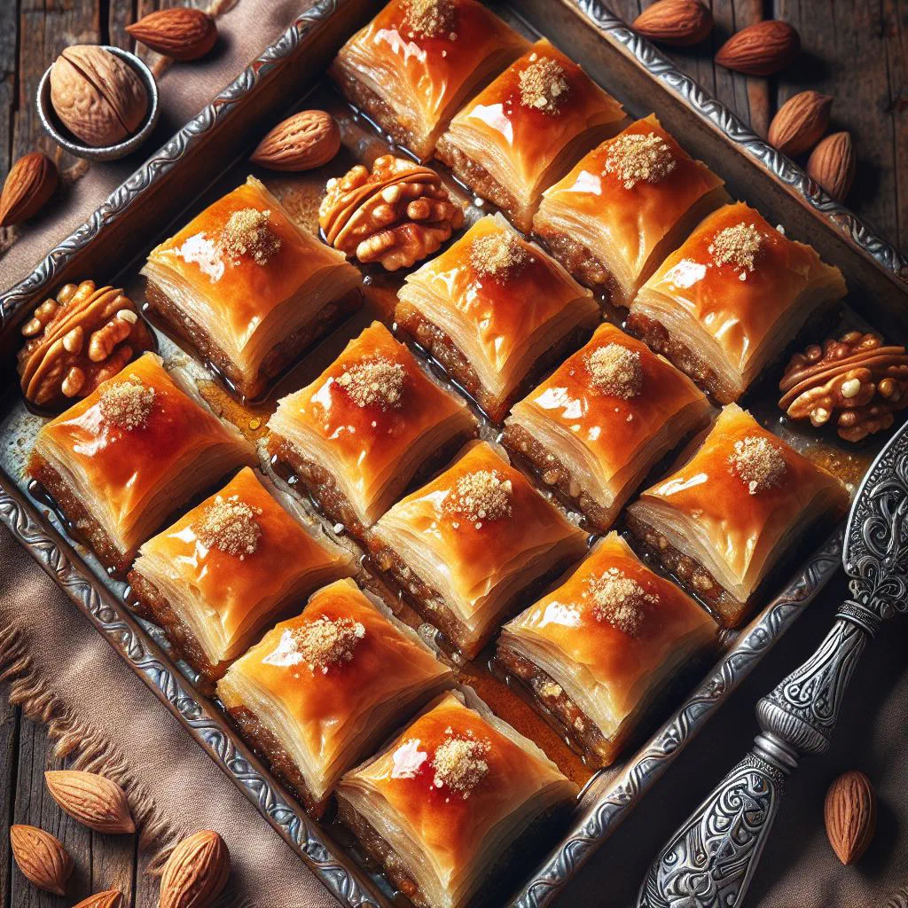 Diamond-cut Macedonian baklava soaked in honey syrup and topped with chopped nuts