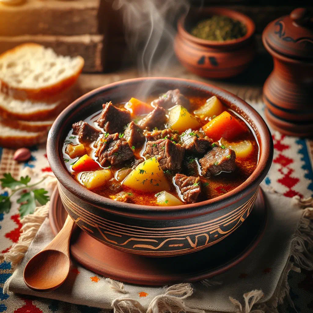 A hearty bowl of Macedonian goulash with tender meat, potatoes and peppers in a rich paprika sauce