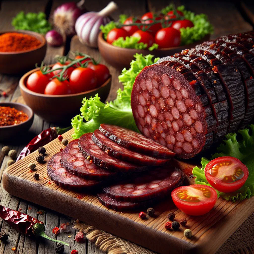 Sliced Makedonski Sudžuk dry sausage arranged on a wooden board