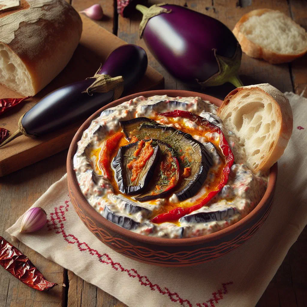 Bowl of malidzano aubergine and pepper dip garnished with fresh herbs