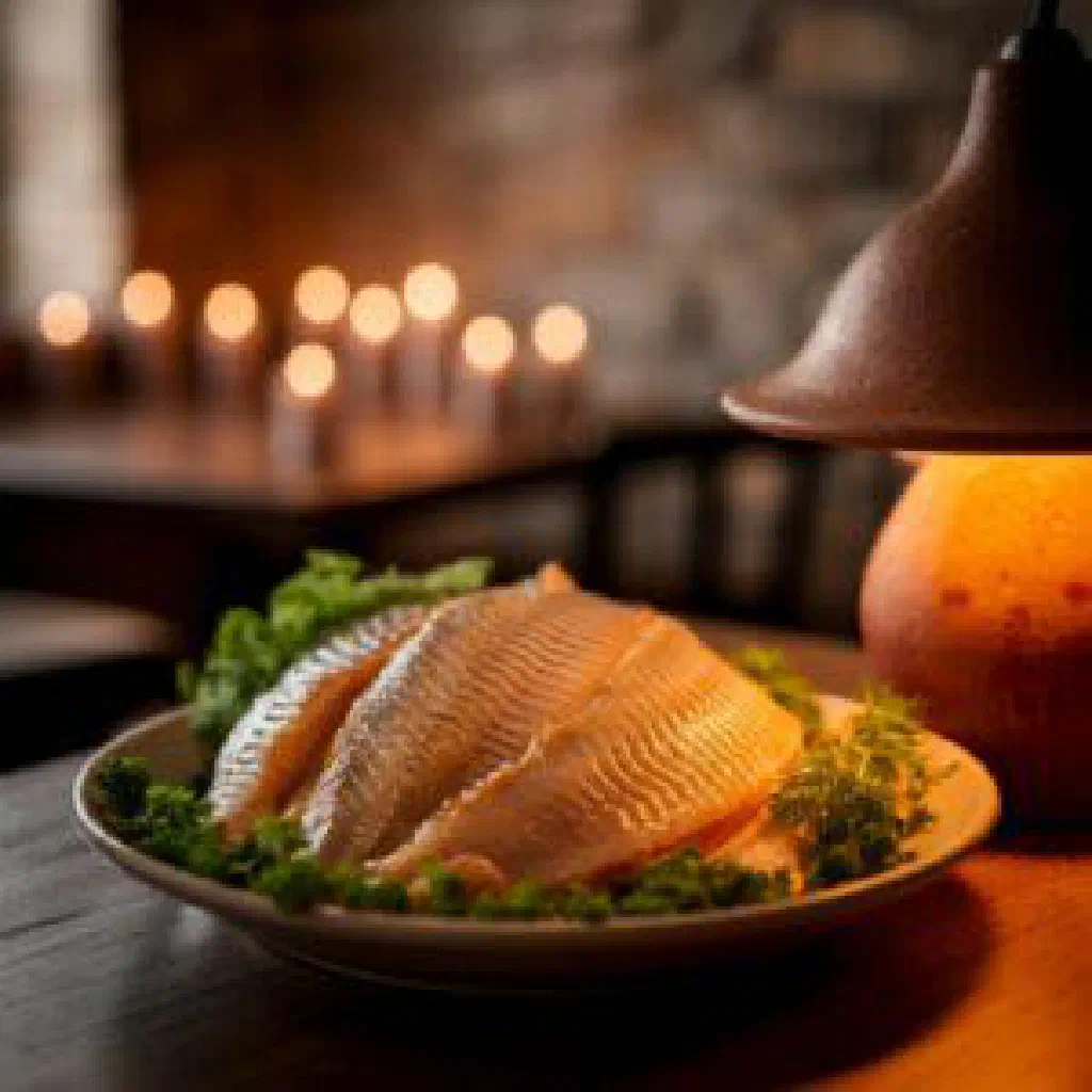 Grilled Ohrid trout served with lemon wedges and fresh herbs