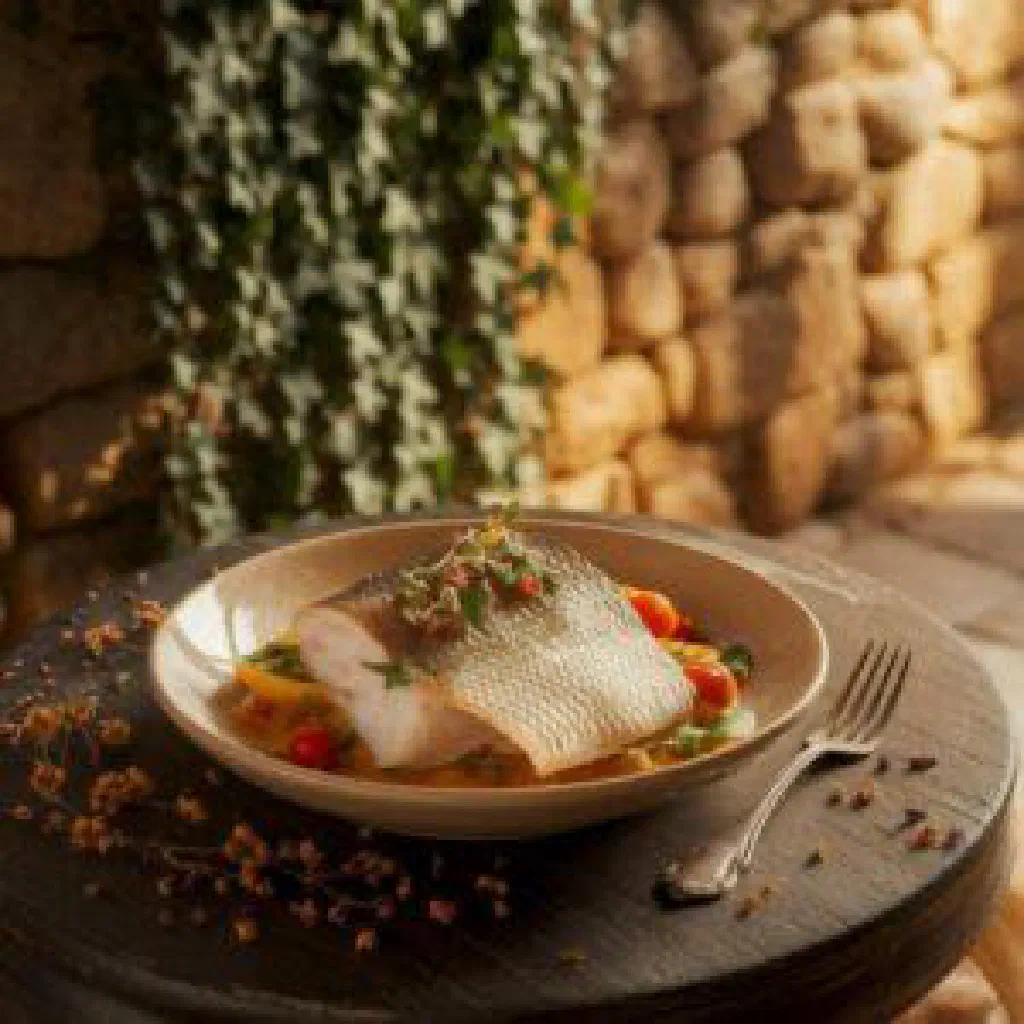 Grilled Ohrid trout garnished with fresh herbs and lemon slices