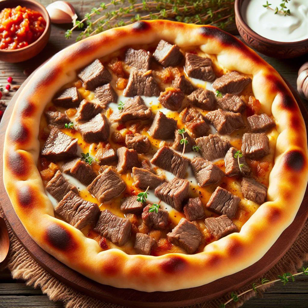 Pastrmajlija flatbread topped with marinated meat and onions