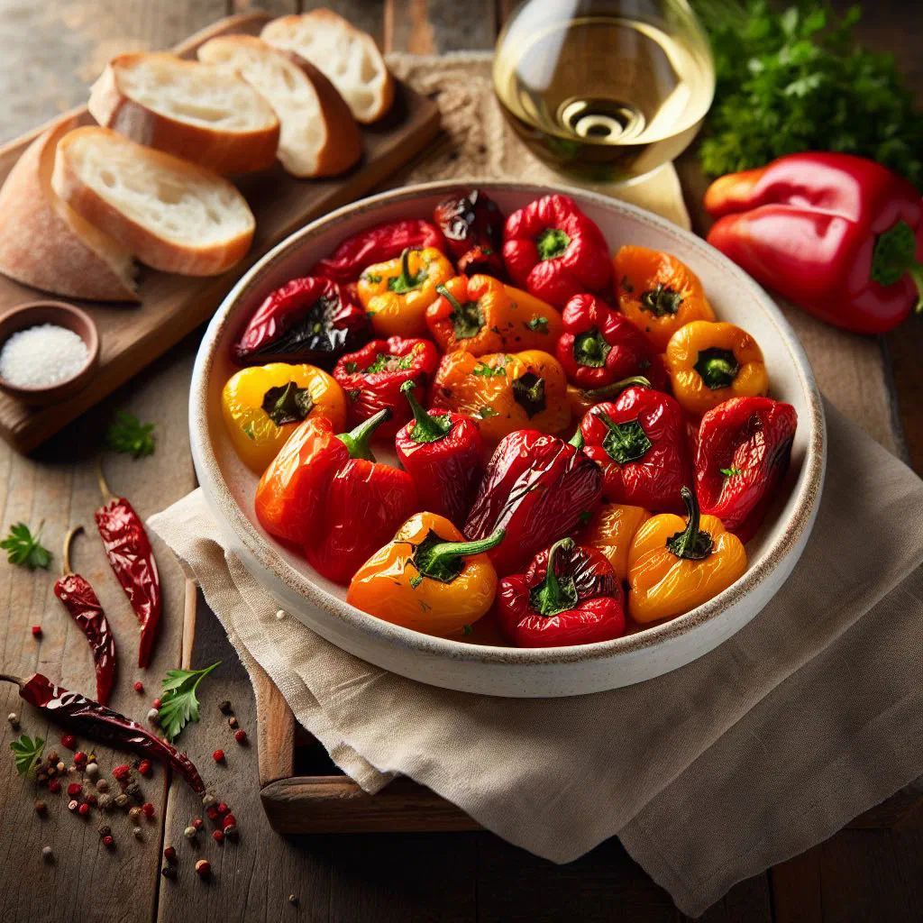 Roasted peppers stuffed with feta and herbs on a serving plate