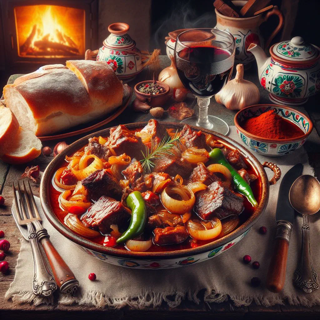 Bowl of Macedonian pečeni gulaš with tender meat and vegetables