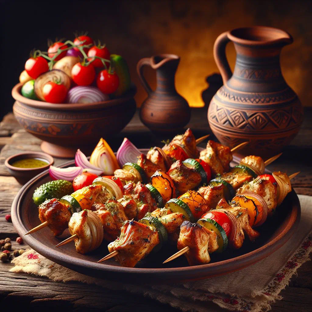 Grilled chicken skewers garnished with fresh herbs and lemon