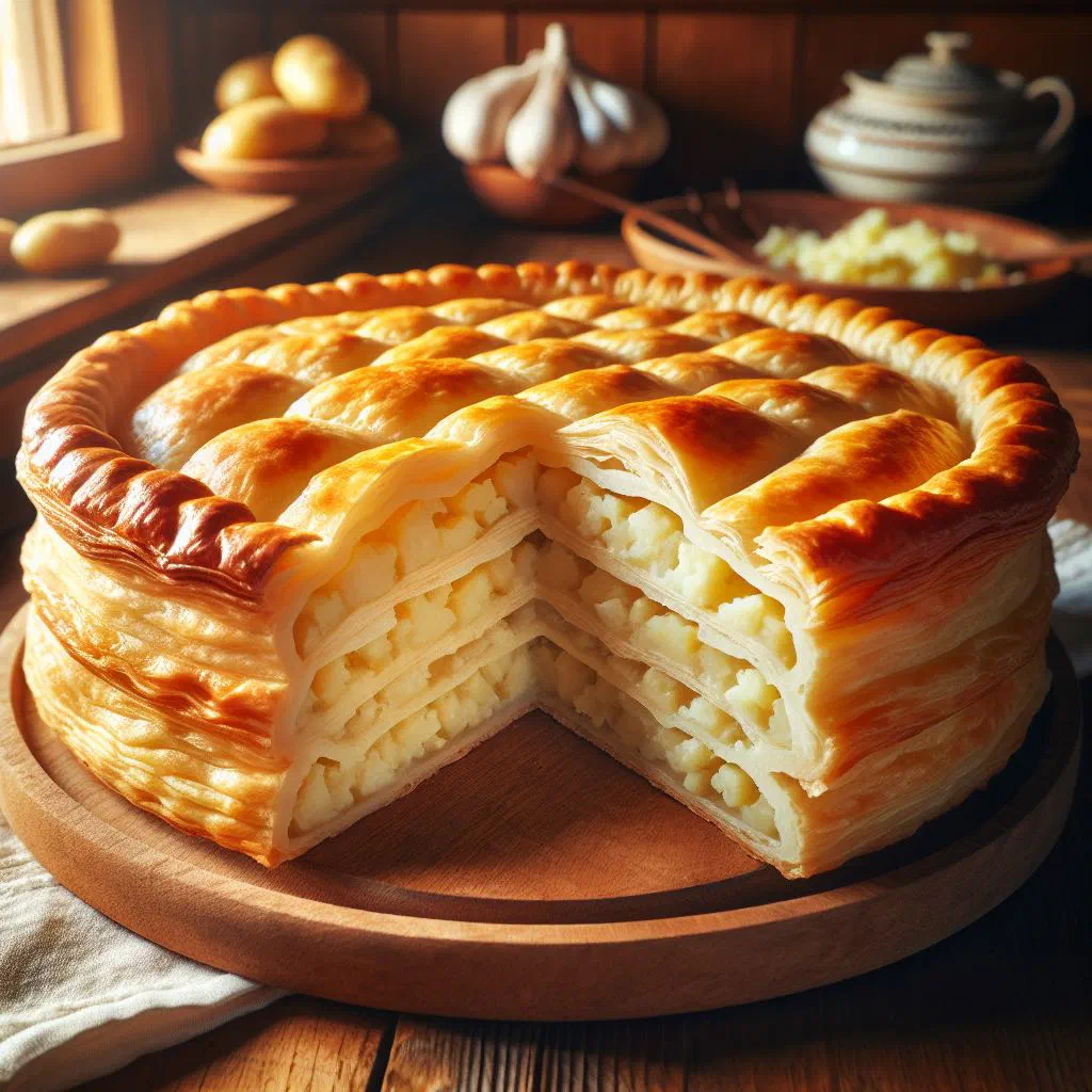 Golden baked Pita od Krompir potato pie cut into slices