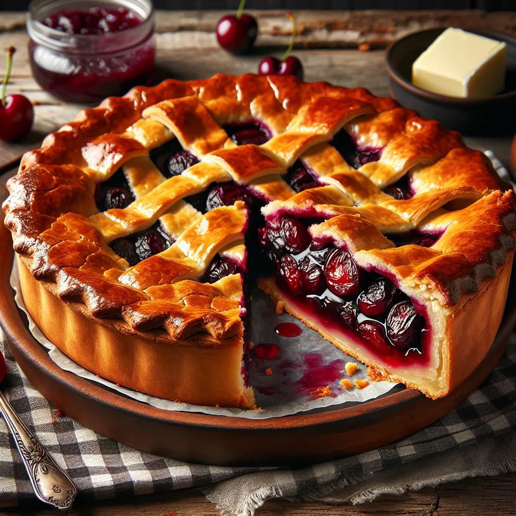 Golden puff pastry cherry pie dusted with cinnamon, sliced and served