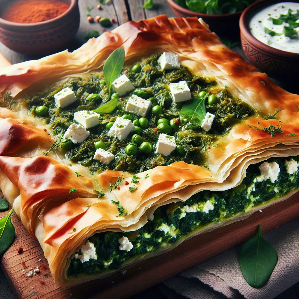 Golden-baked Pita sa Zeljem savoury greens pie, sliced and ready to serve