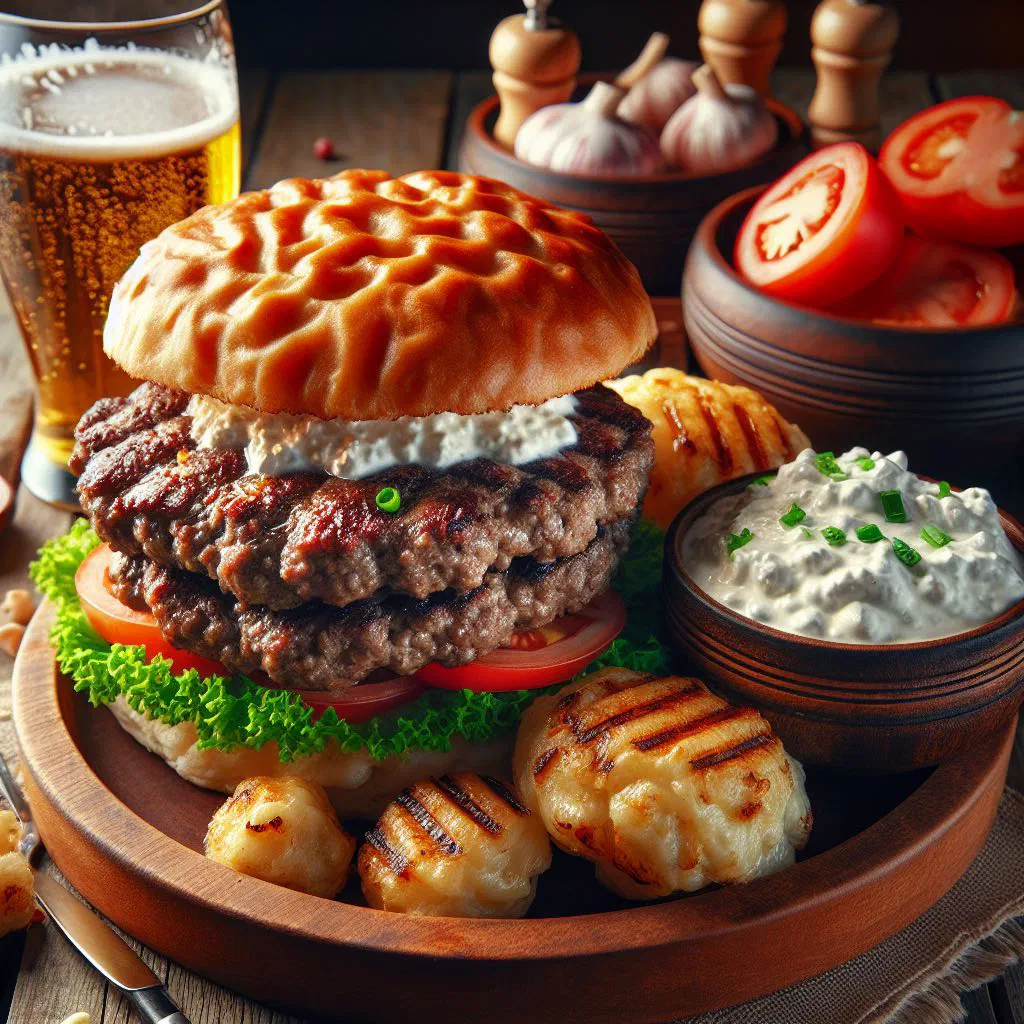 Grilled pljeskavica patty topped with creamy kajmak on a wooden board